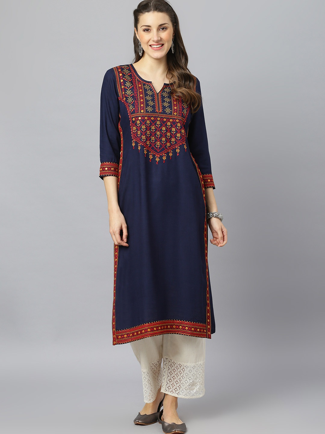 

FASHION DEPTH Women Blue Ethnic Motifs Embroidered Thread Work Kurta