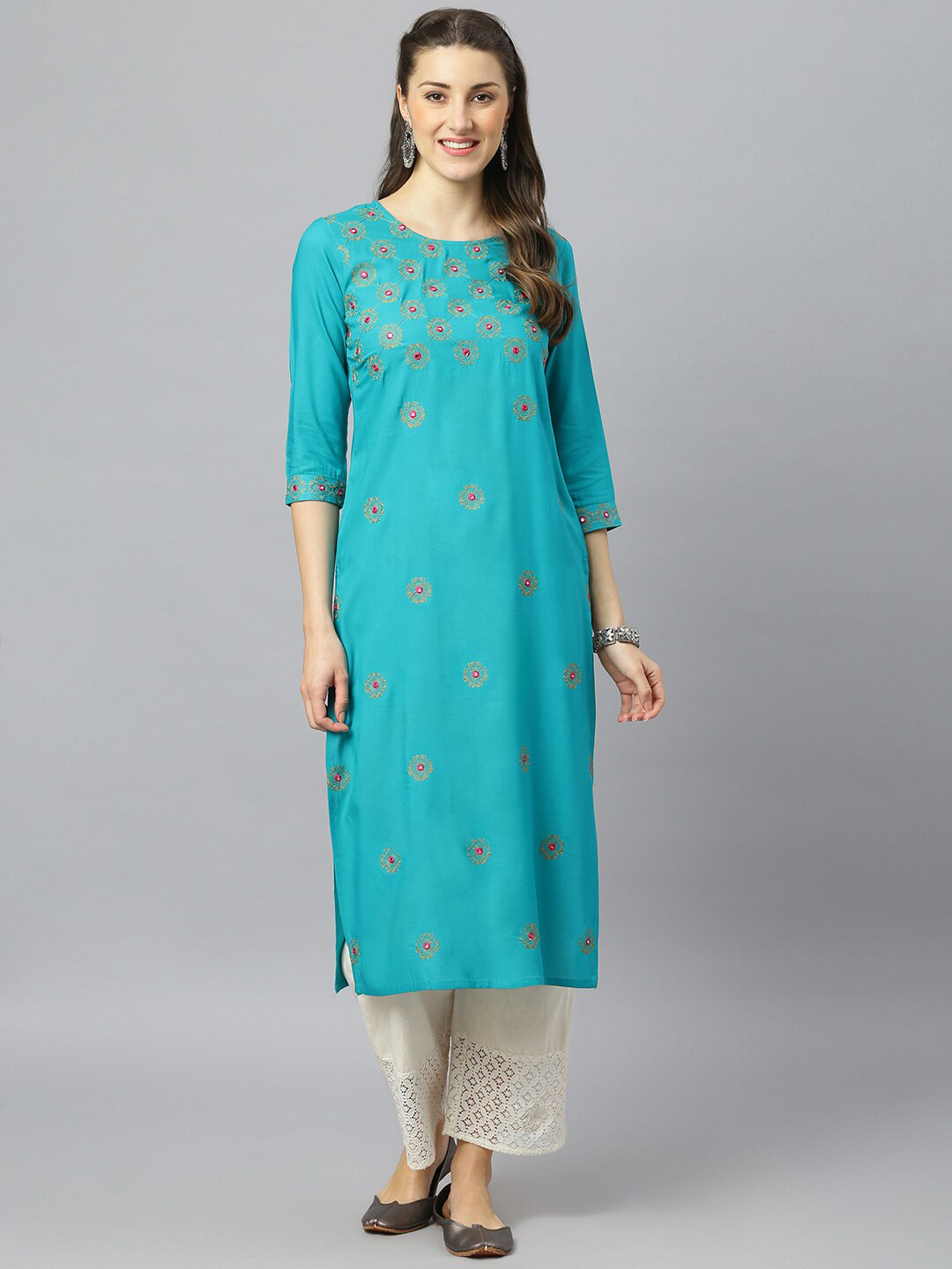 

FASHION DEPTH Women Blue Ethnic Motifs Embroidered Thread Work Kurta