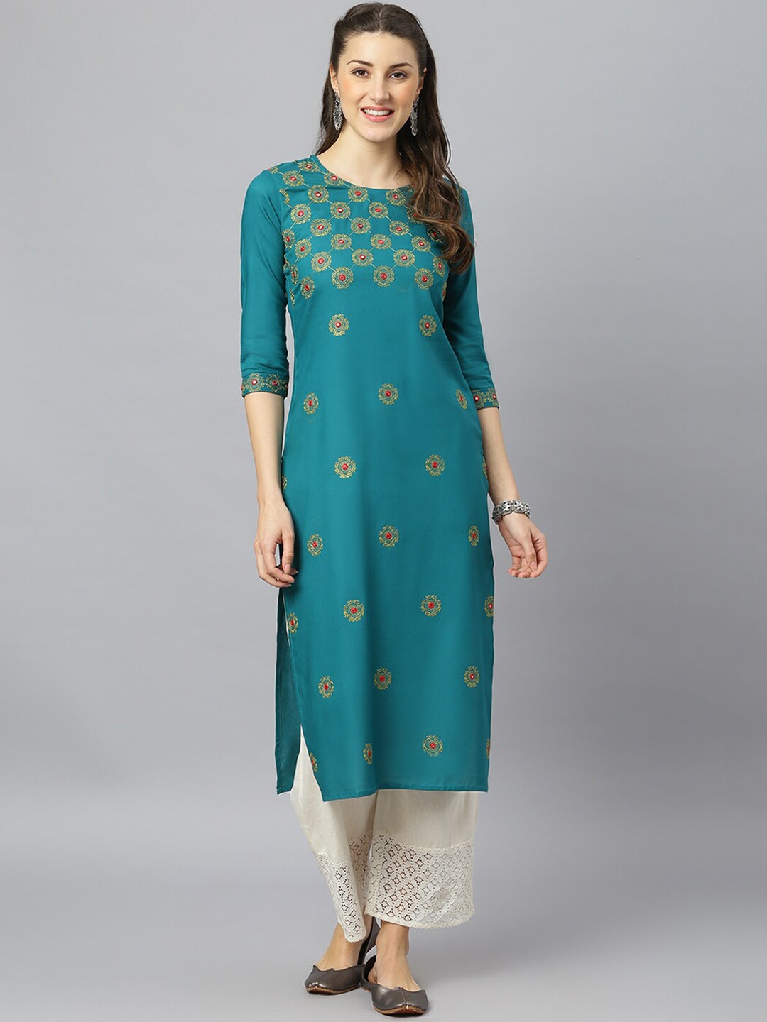 

FASHION DEPTH Women Teal & Gold-Toned Ethnic Motifs Embroidered Mirror Work Kurta