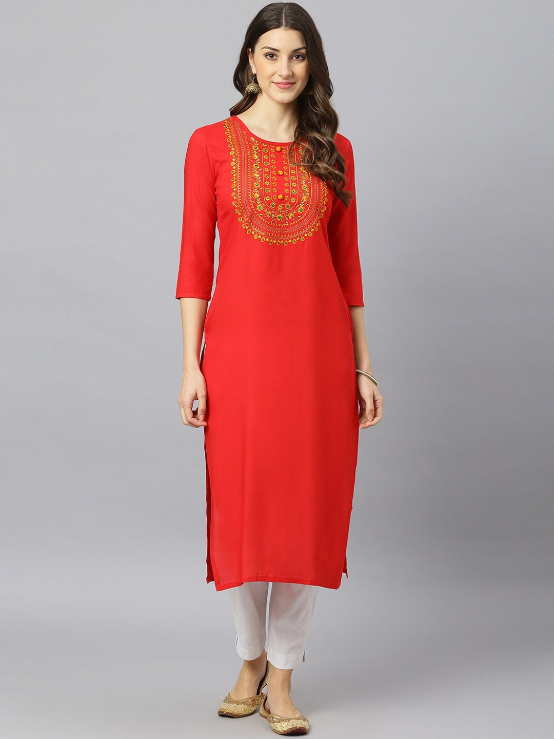 

FASHION DEPTH Women Red Ethnic Motifs Thread Work Yoke Design Kurta