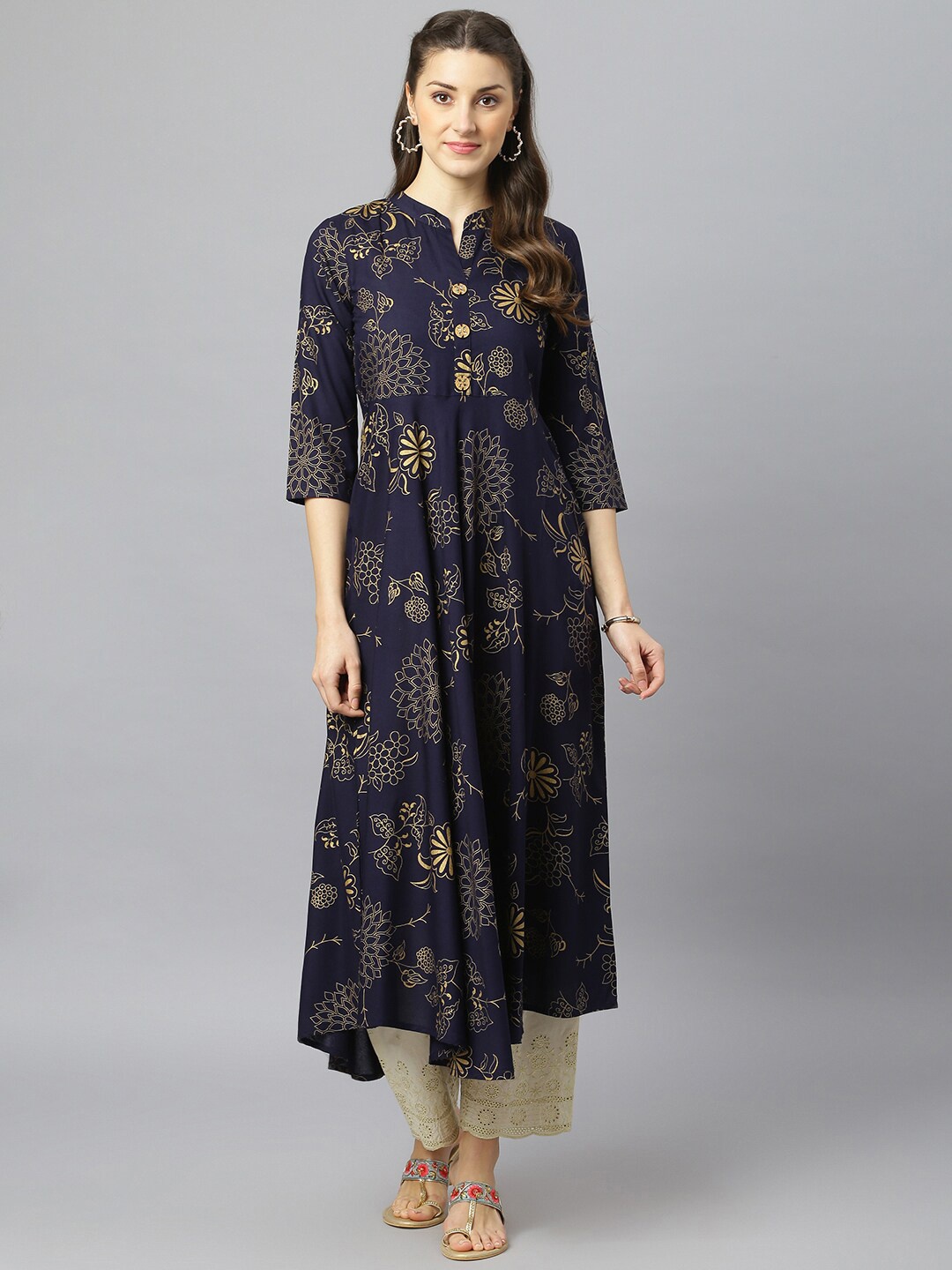 

FASHION DEPTH Women Navy Blue Floral Printed Anarkali Kurta