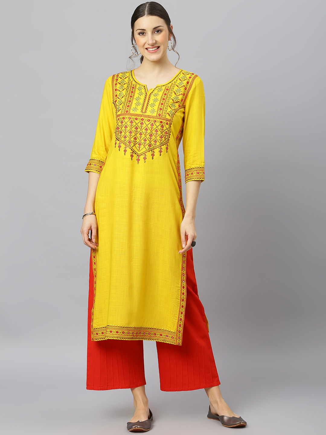 

FASHION DEPTH Women Yellow Ethnic Motifs Embroidered Thread Work Kurta