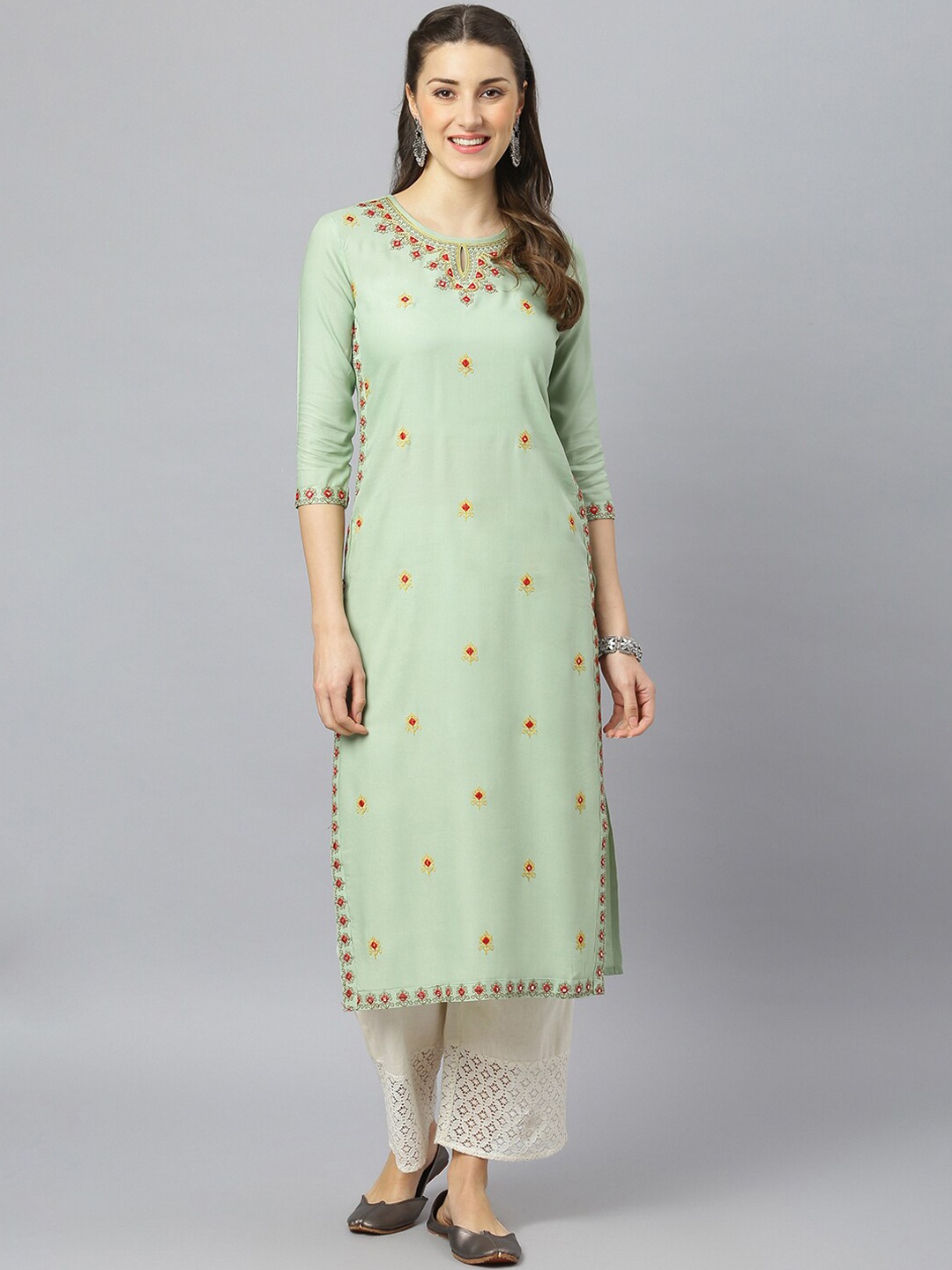 

FASHION DEPTH Women Sea Green Floral Embroidered Regular Sleeves Thread Work Kurta