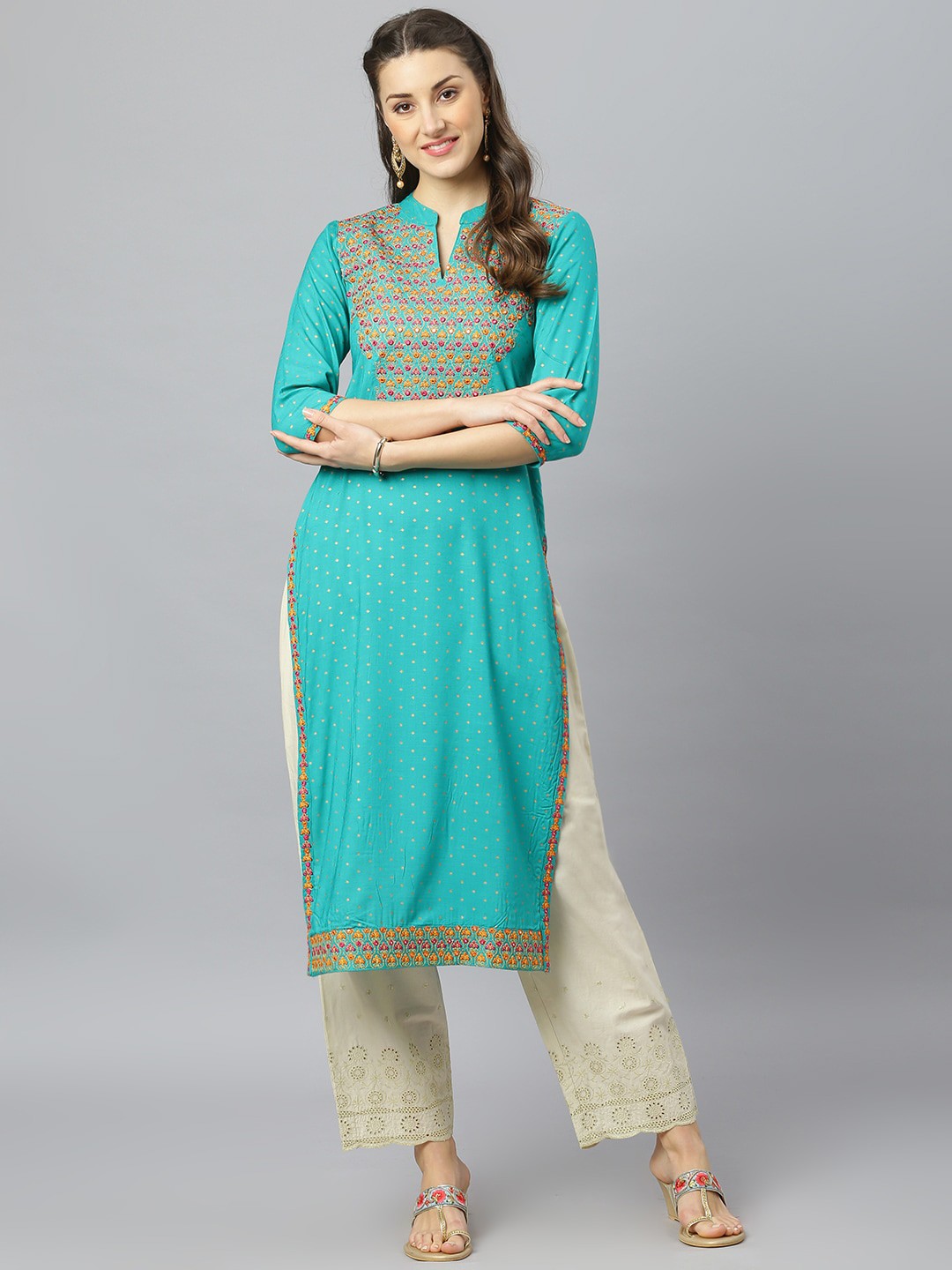 

FASHION DEPTH Women Blue & Yellow Floral Embroidered Mirror Work Kurta
