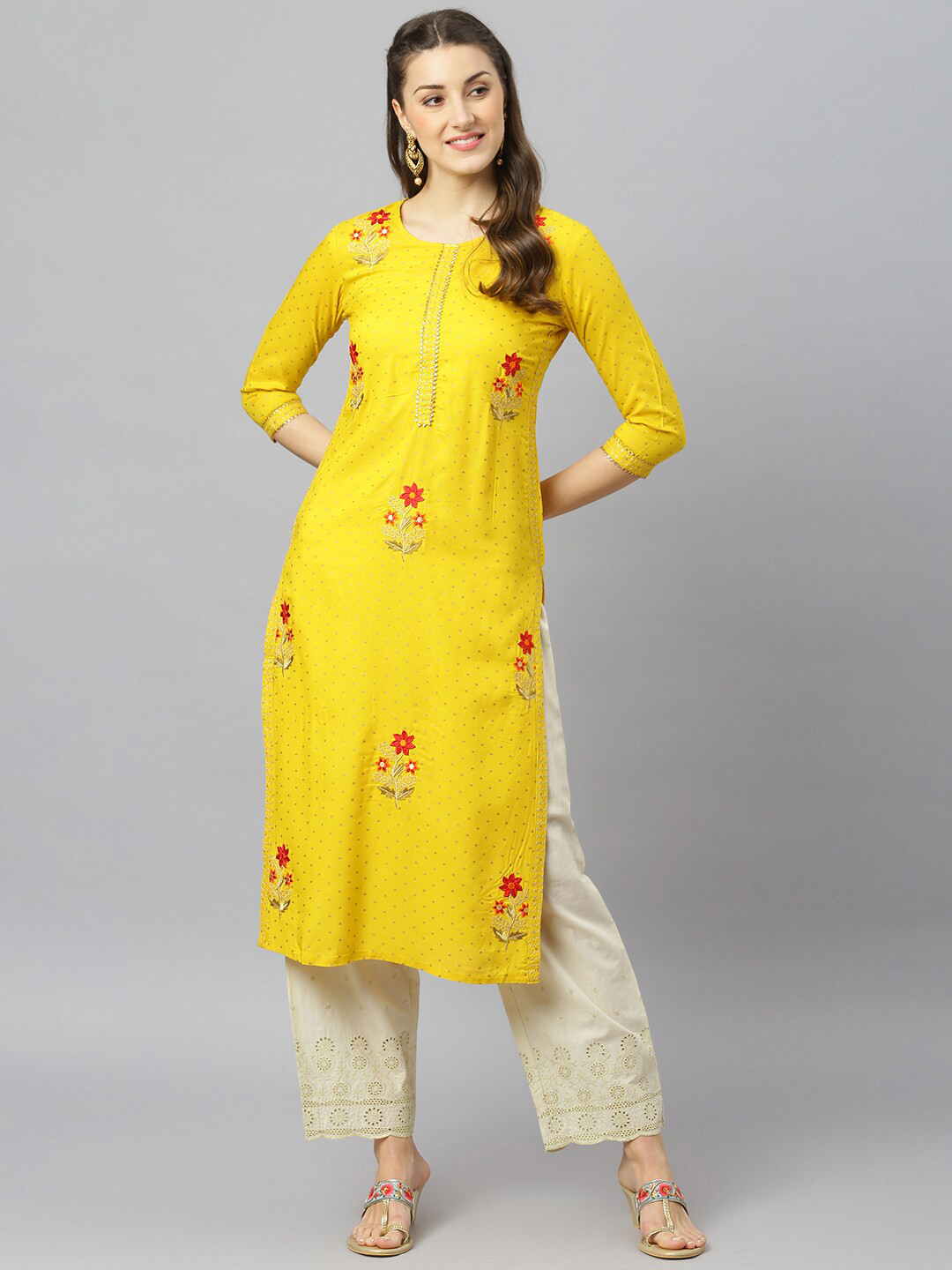 

FASHION DEPTH Women Yellow Floral Embroidered Regular Sleeves Kurta
