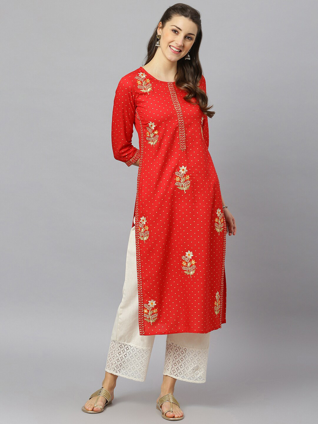 

FASHION DEPTH Women Red Floral Embellished Thread Work Pathani Kurta