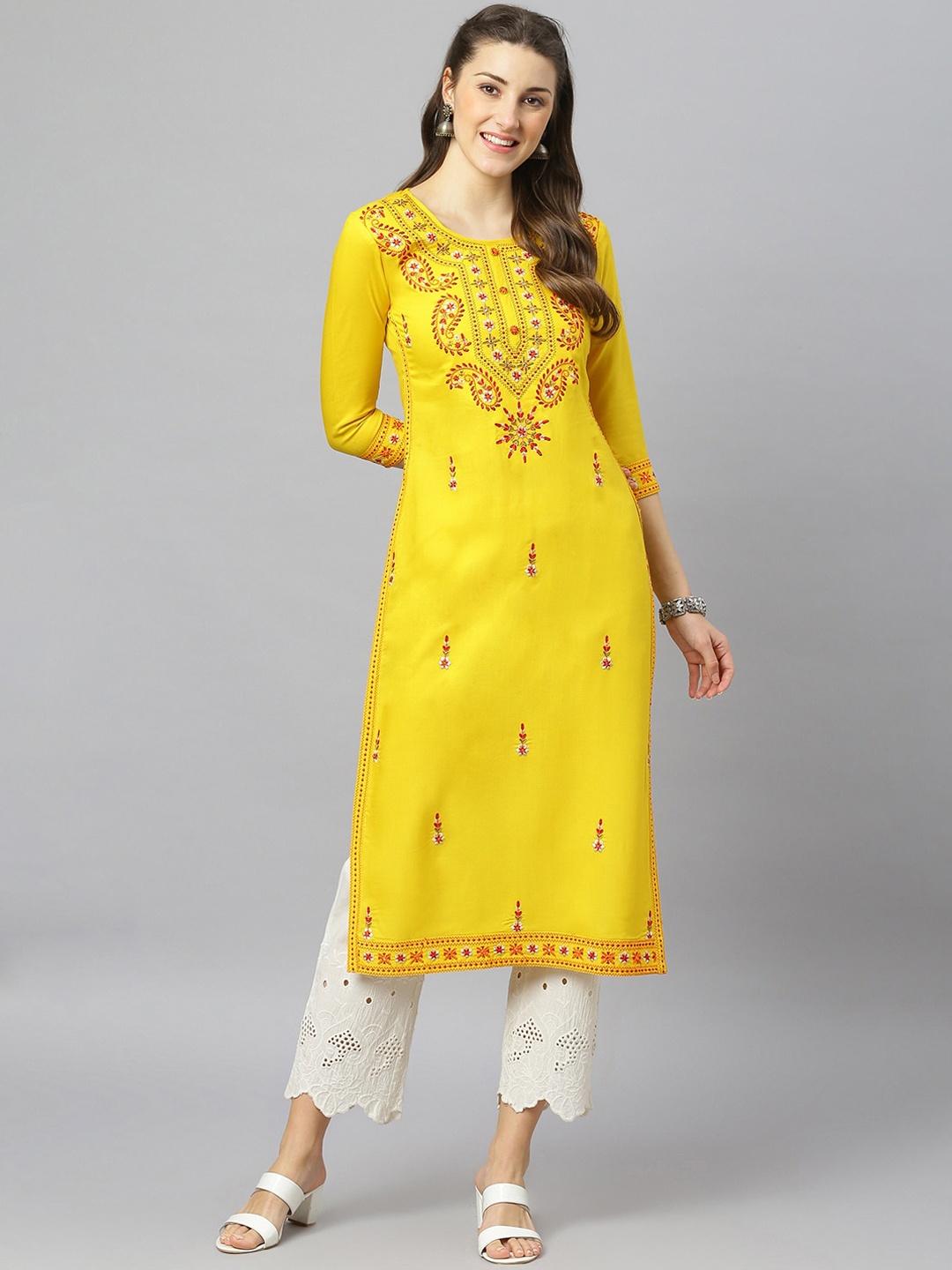 

FASHION DEPTH Women Yellow & Red Paisley Embroidered Thread Work Kurta