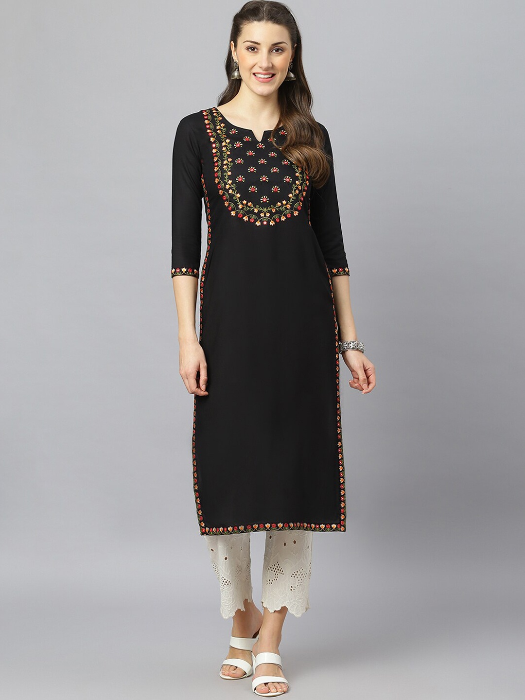 

FASHION DEPTH Women Black Yoke Design Thread Work Kurta