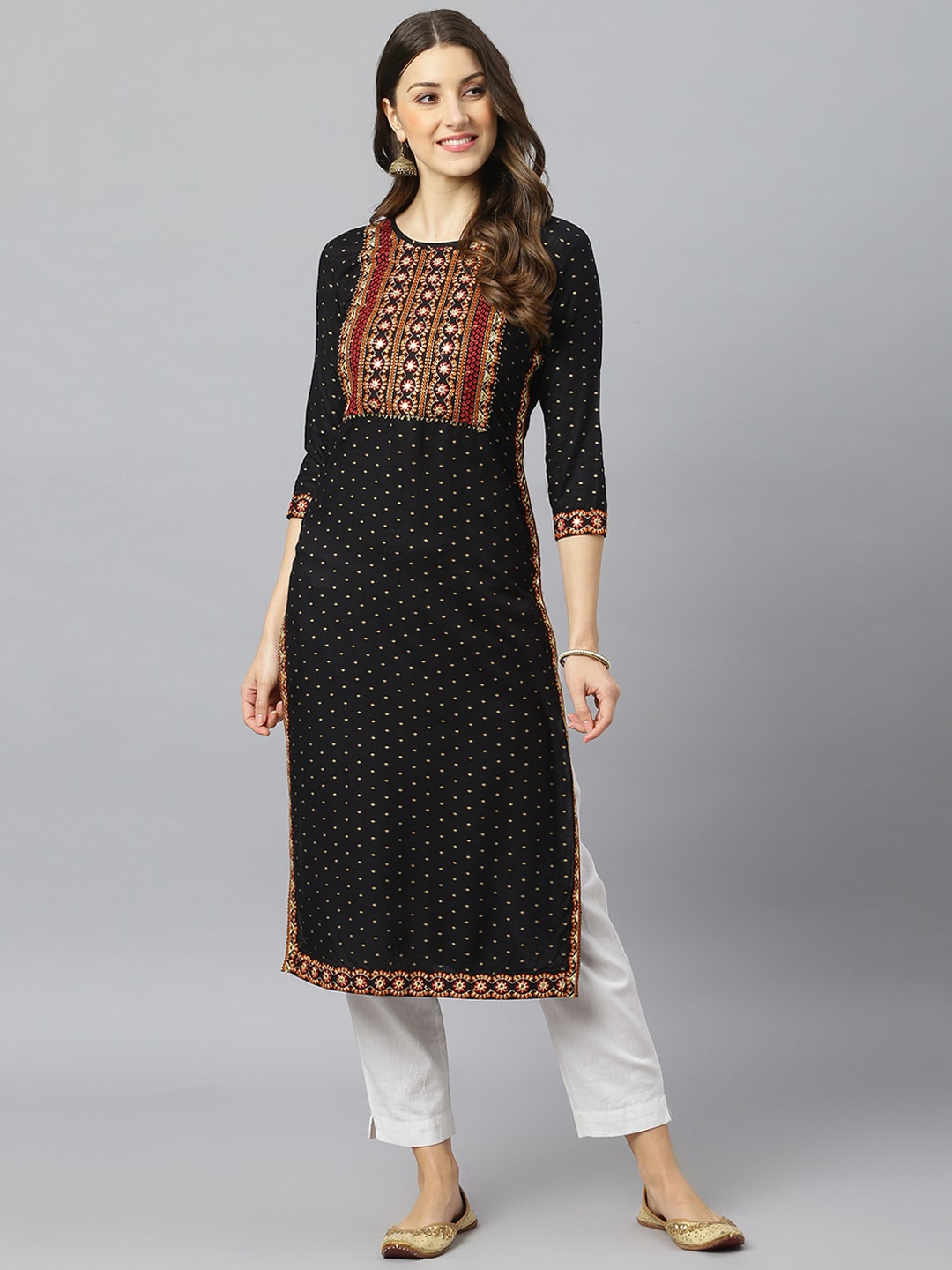 

FASHION DEPTH Women Black Geometric Printed With Thread Work & Mirror Work Kurta