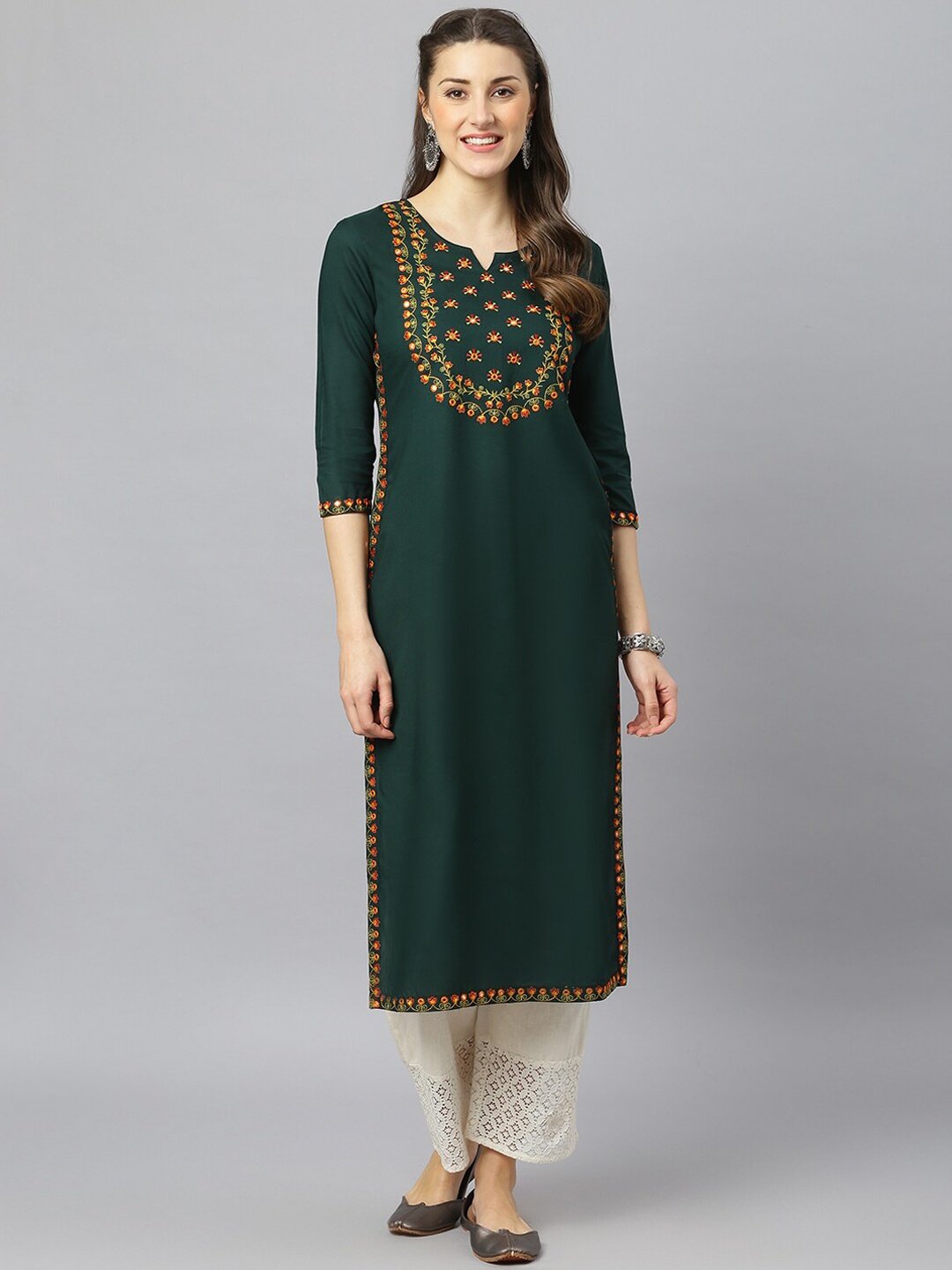 

FASHION DEPTH Women Green & Red Floral Embroidered Mirror Work Kurta