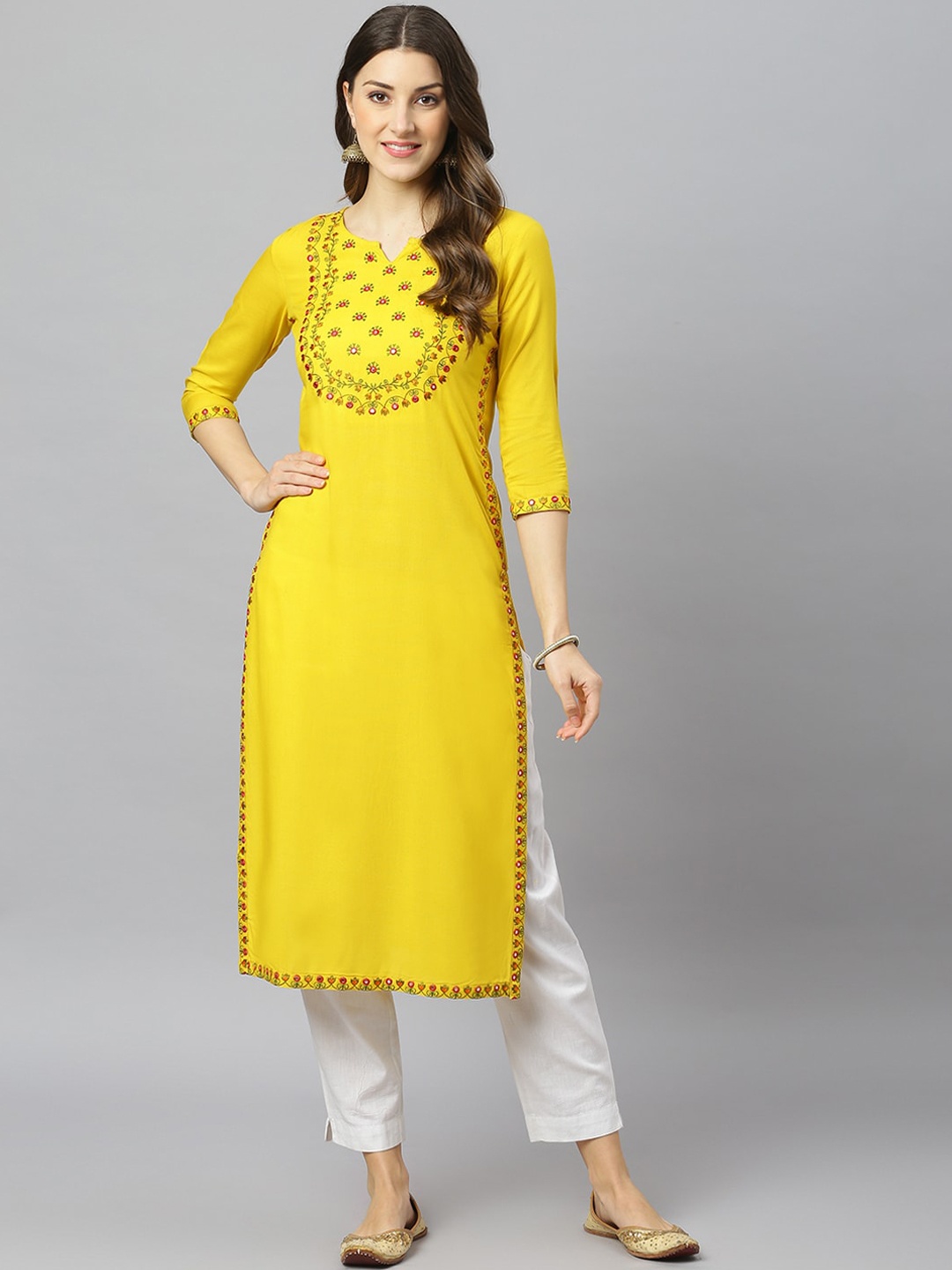 

FASHION DEPTH Women Yellow Yoke Design Embroidered Straight Kurta