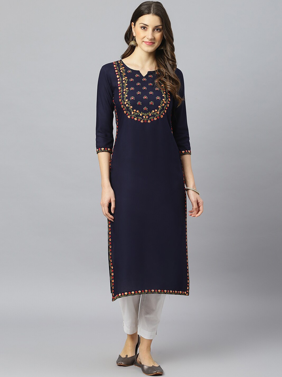 

FASHION DEPTH Women Blue Yoke Design Thread Work Kurta