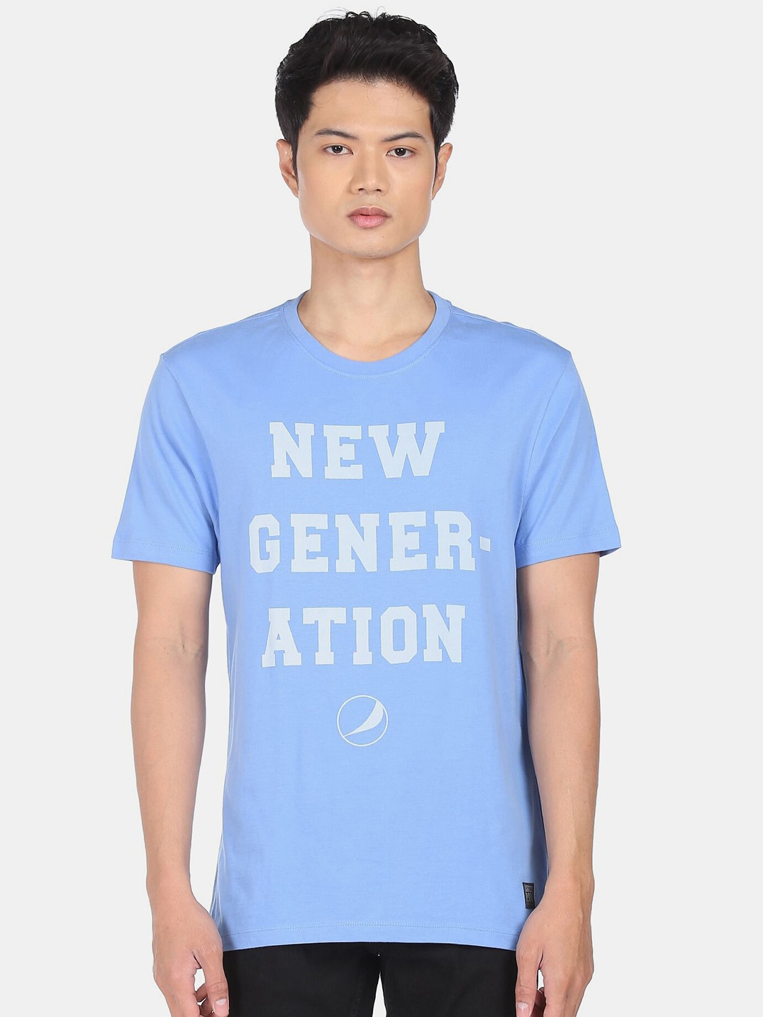 

Flying Machine X Pepsi Men Blue & White New Generation Printed Pure Cotton T-shirt