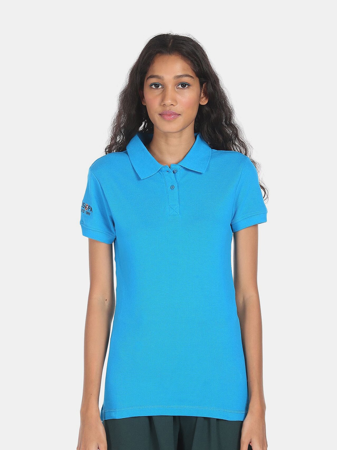 

U S Polo Assn Women Blue Solid Polo Collar T-shirt