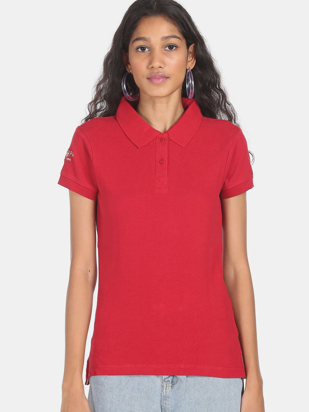 

U S Polo Assn Women Red Polo Collar Pockets T-shirt