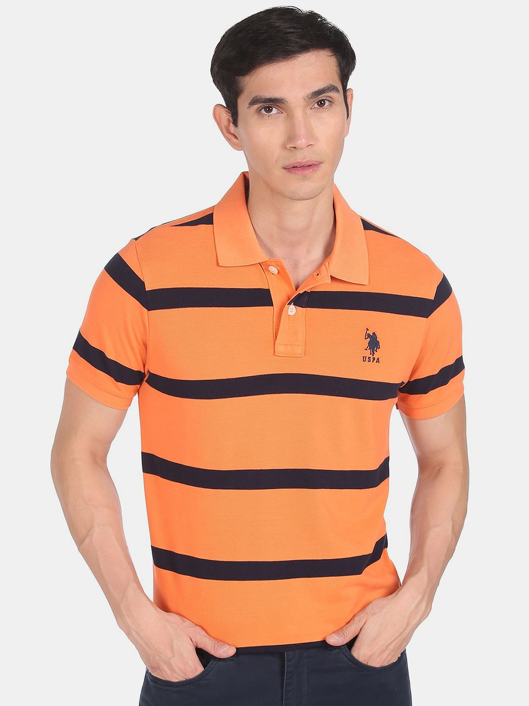 

U S Polo Assn Men Orange & Black Striped Polo Collar T-shirt