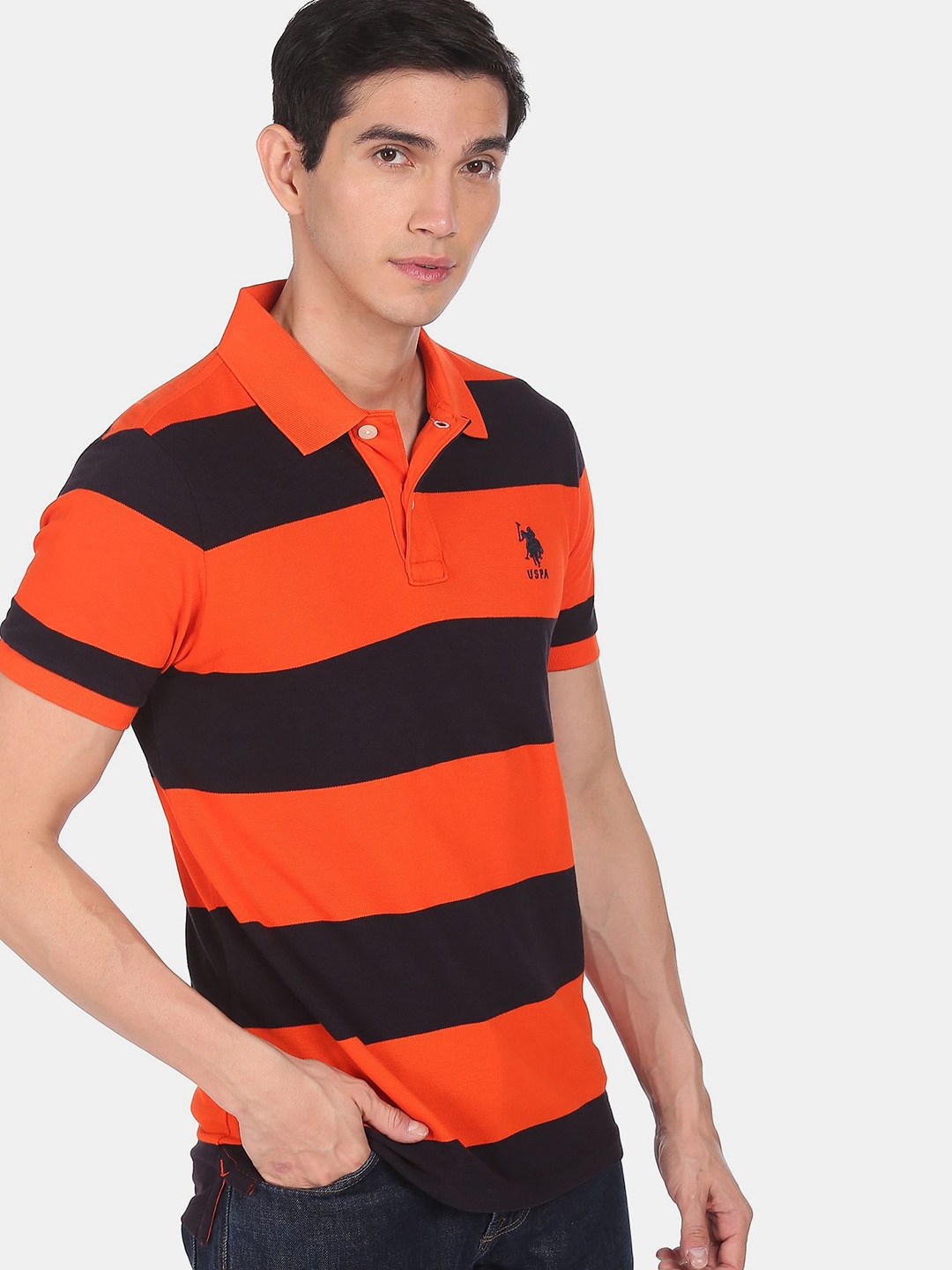 

U S Polo Assn Men Orange & Black Striped Polo Collar Applique T-shirt