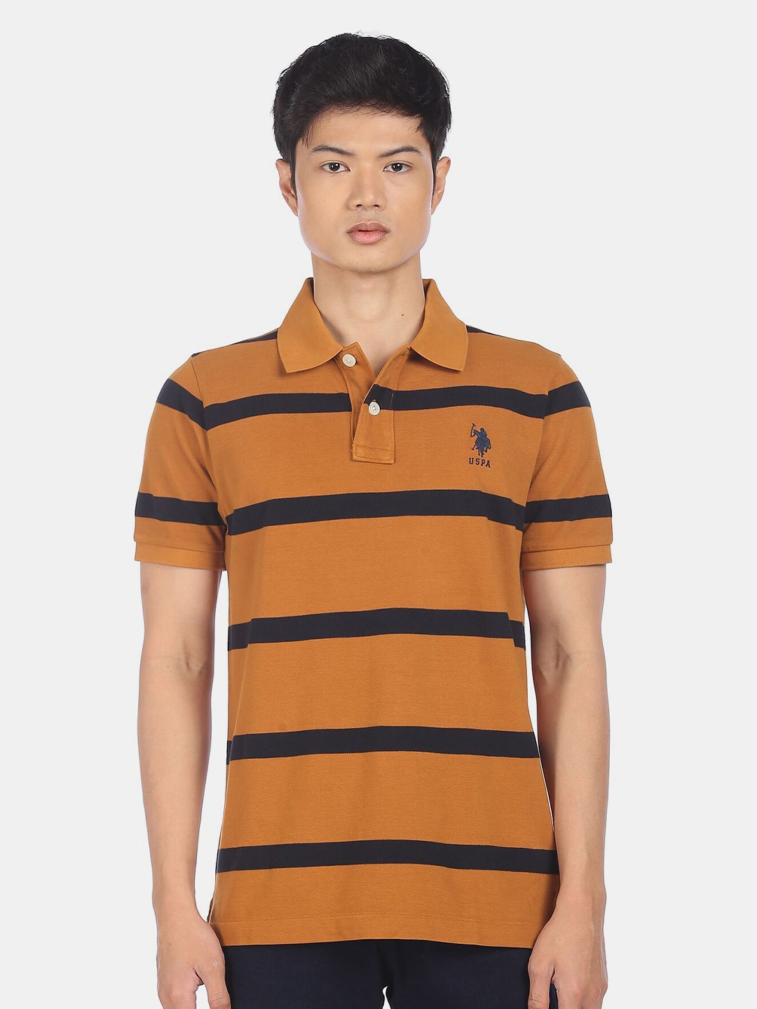 

U S Polo Assn Men Rust & Black Striped Polo Collar T-shirt