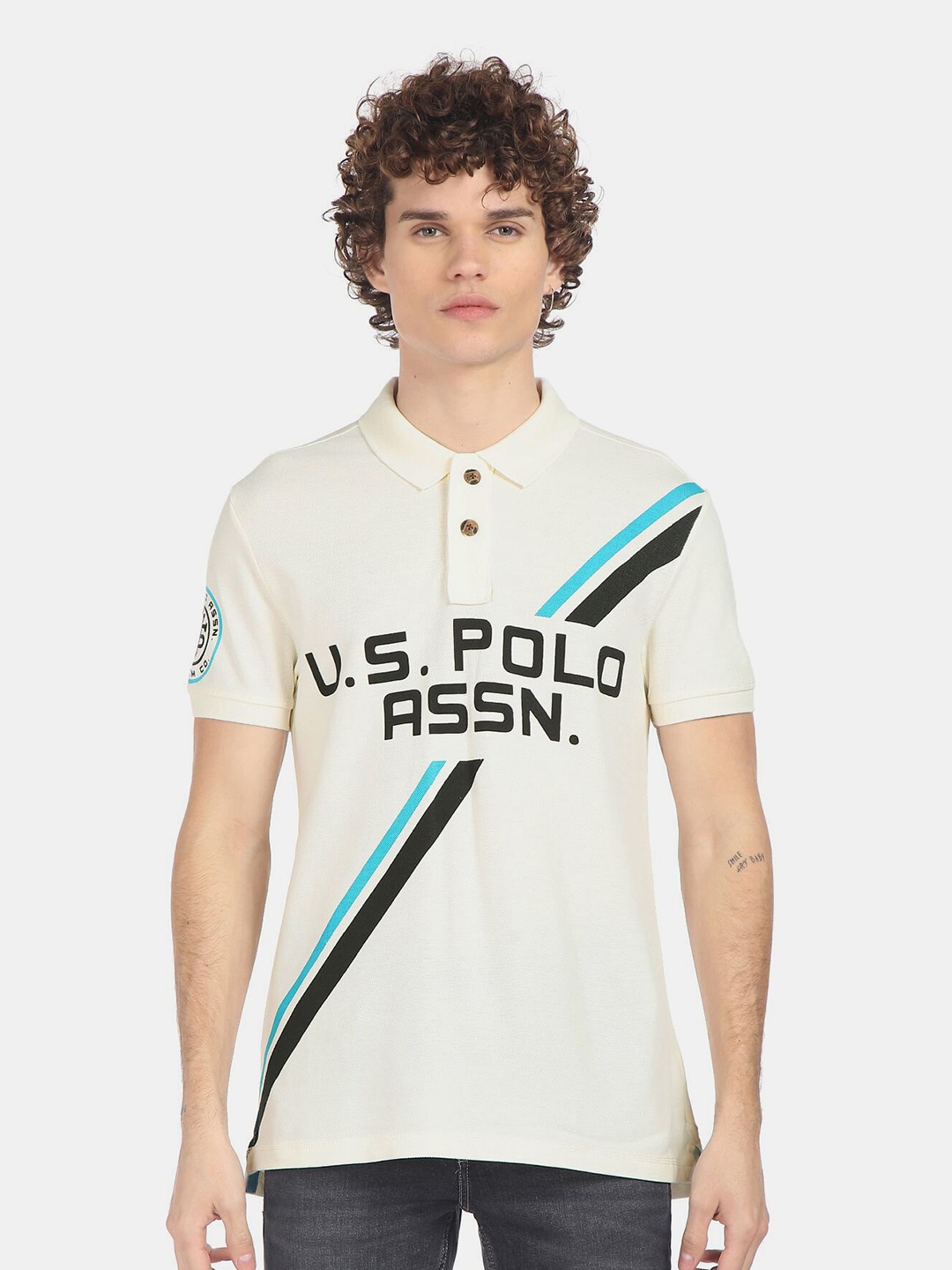 

U.S. Polo Assn. Denim Co. Men White Typography Printed Polo Collared T-shirt