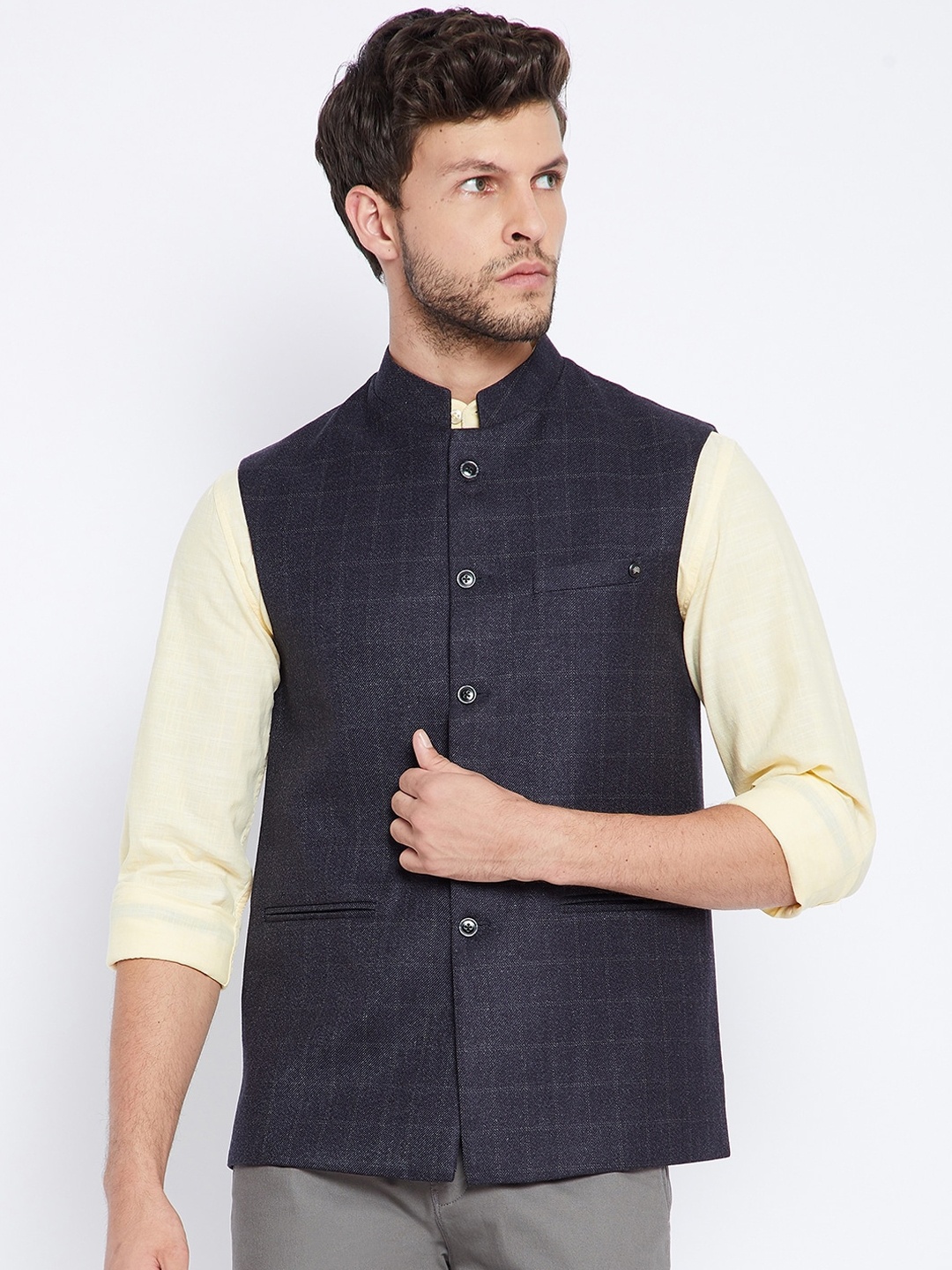 

Crimsoune Club Men Navy Blue Solid Nehru Jacket