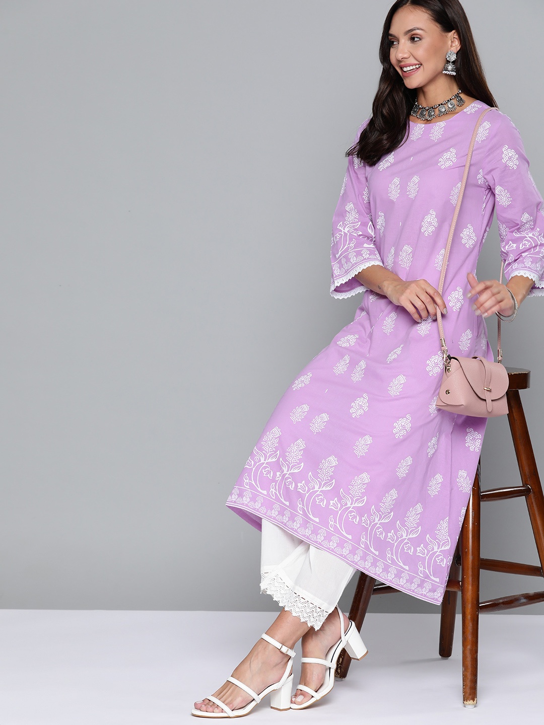

HERE&NOW Women Lavender & White Ethnic Motifs Printed Pure Cotton Kurta