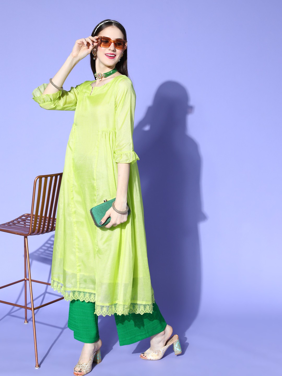 

HERE&NOW Women Attractive Lime Green Cotton Summer Sheer Kurta