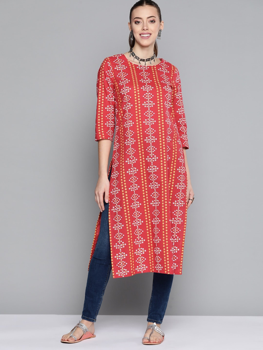 

HERE&NOW Women Red & White Striped Cotton Bandhani Kurta