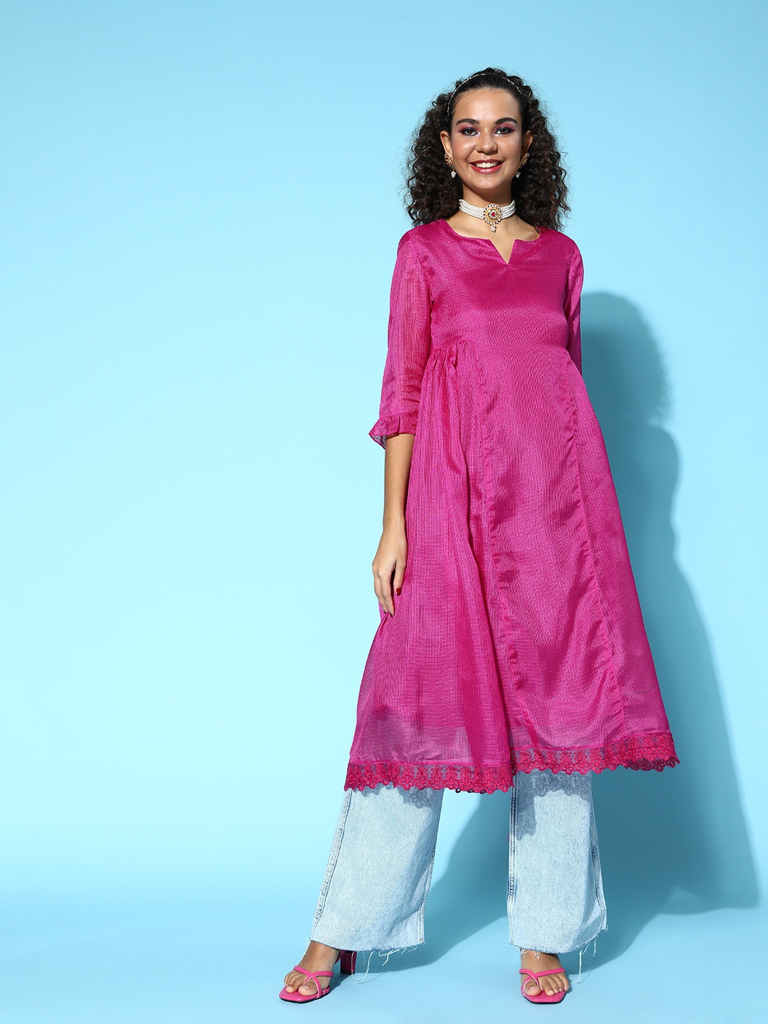 

HERE&NOW Women Fuchsia Cotton Scalloped Edge Kurta