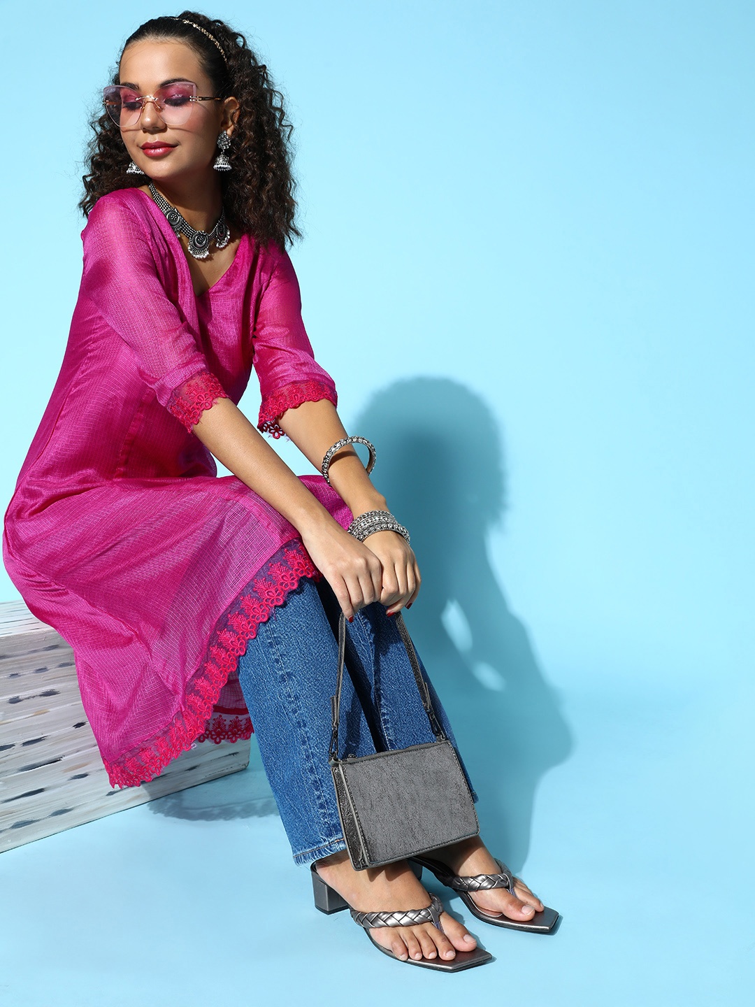 

HERE&NOW Women Fuchsia Cotton Scalloped Edge Kurta