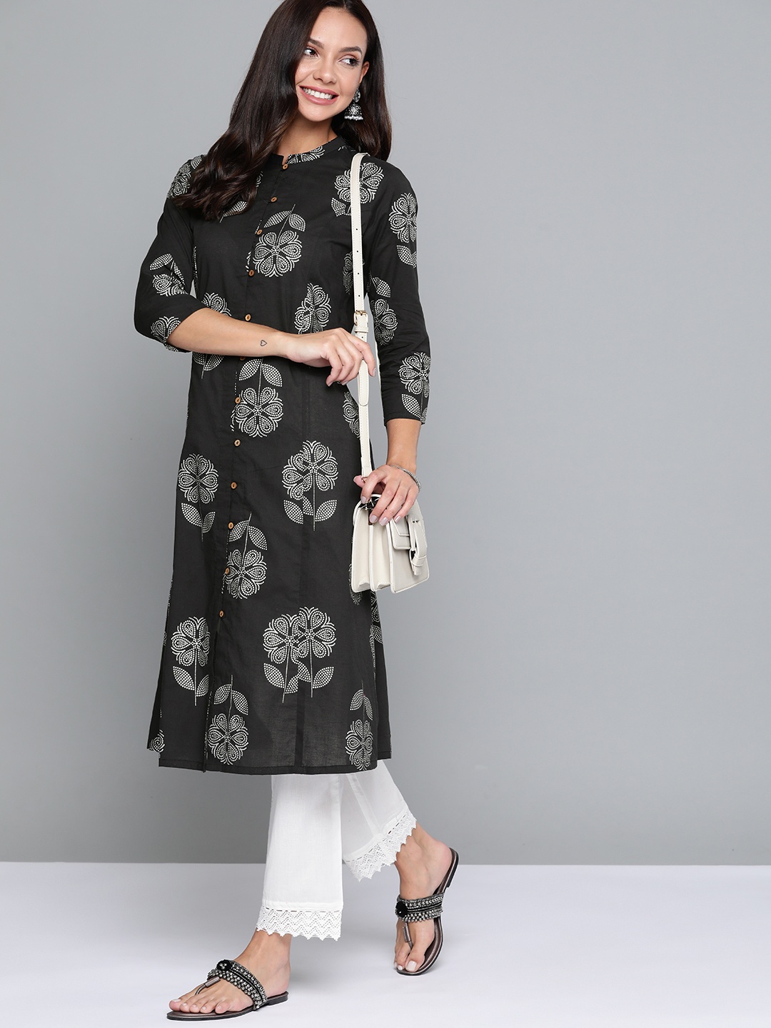 

HERE&NOW Women Black & Silver Ethnic Motifs Printed Pure Cotton Kurta
