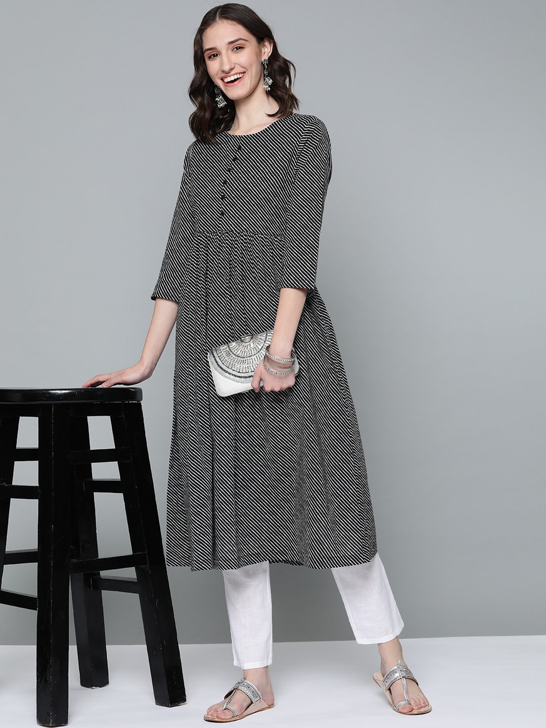 

HERE&NOW Women Black & White Striped Pure Cotton A-Line Kurta