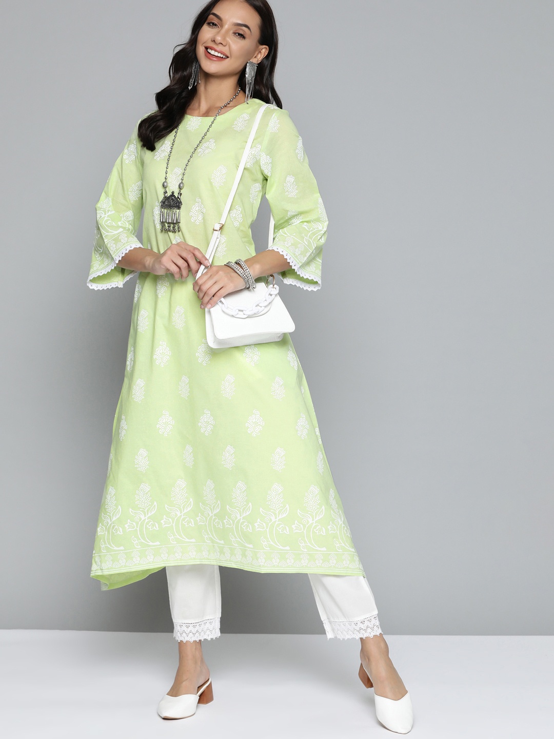 

HERE&NOW Gorgeous Green Cotton I-Spy Lace Kurta