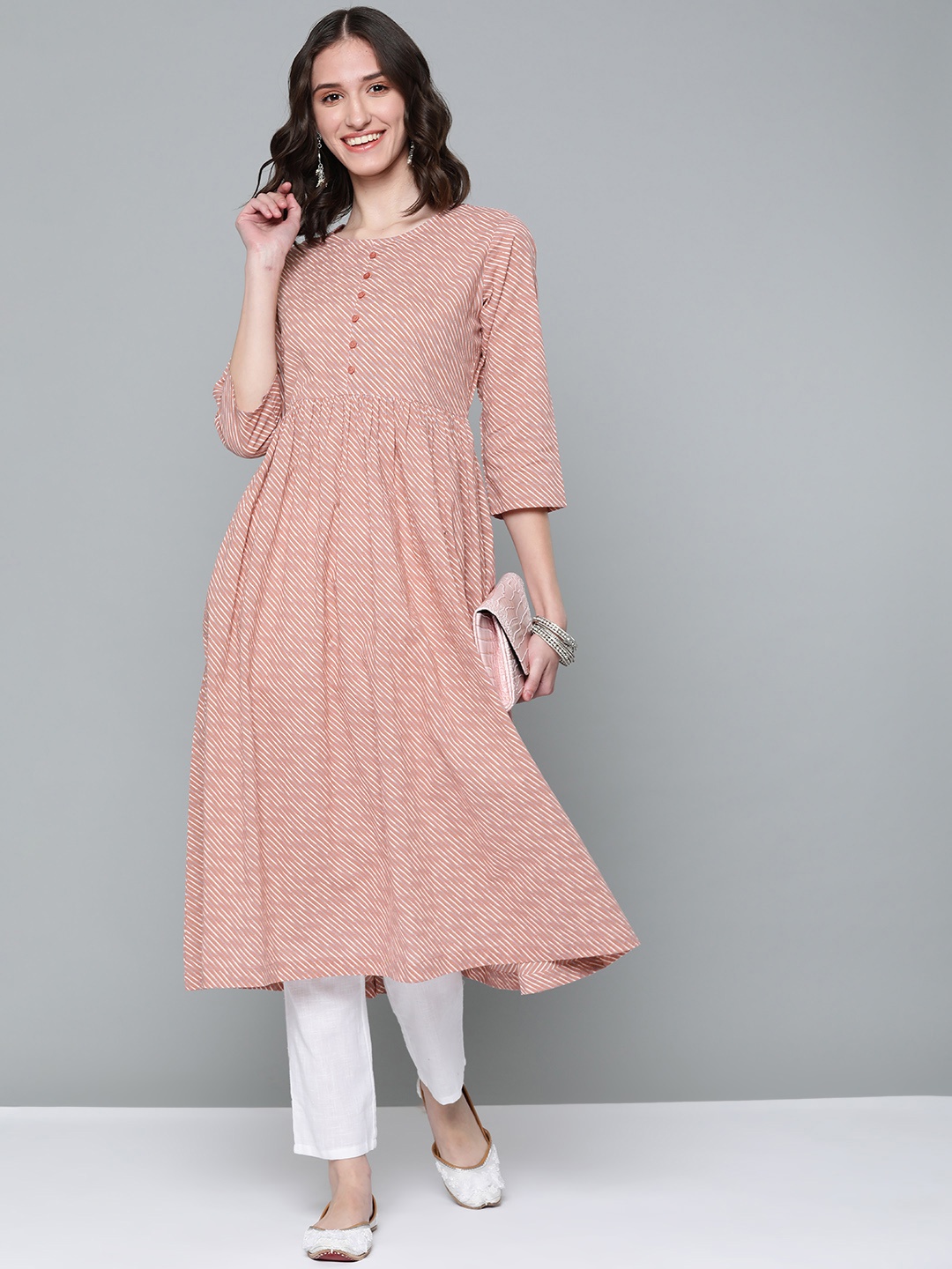 

HERE&NOW Women Dusty Pink & White Striped Pure Cotton A-Line Kurta, Rose
