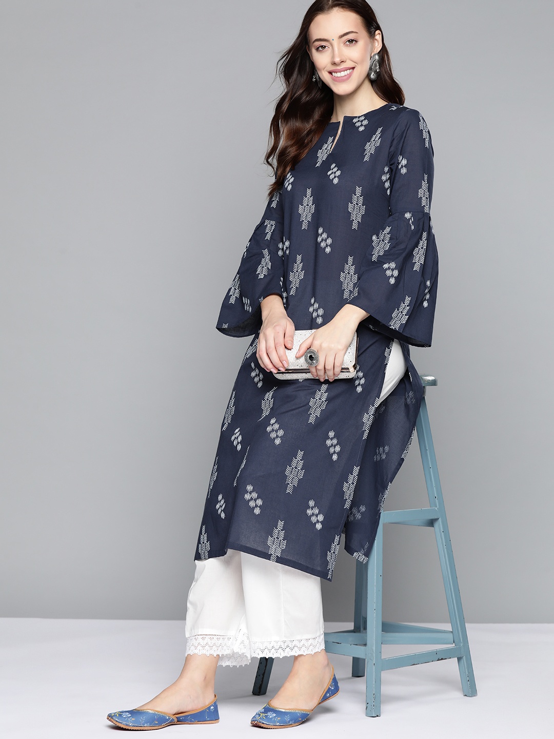 

HERE&NOW Women Navy Blue & Off White Ethnic Printed Bell Sleeves Cotton Kurta