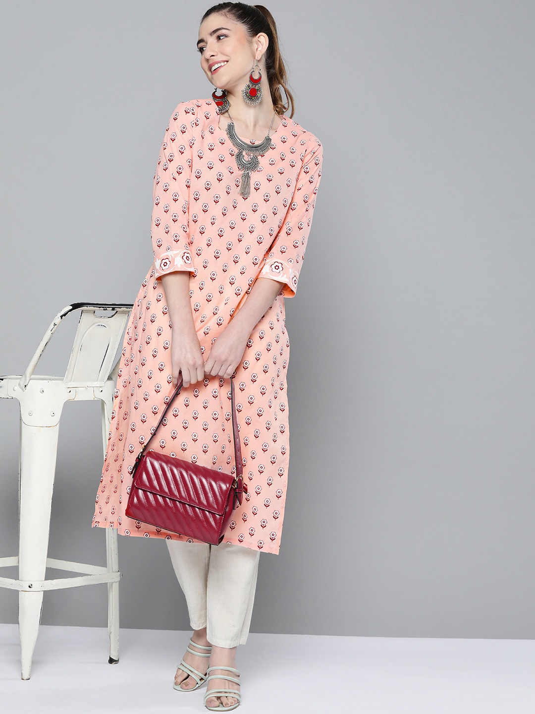 

HERE&NOW Women Peach-Coloured & Maroon Pure Cotton Floral Printed Floral Kurta