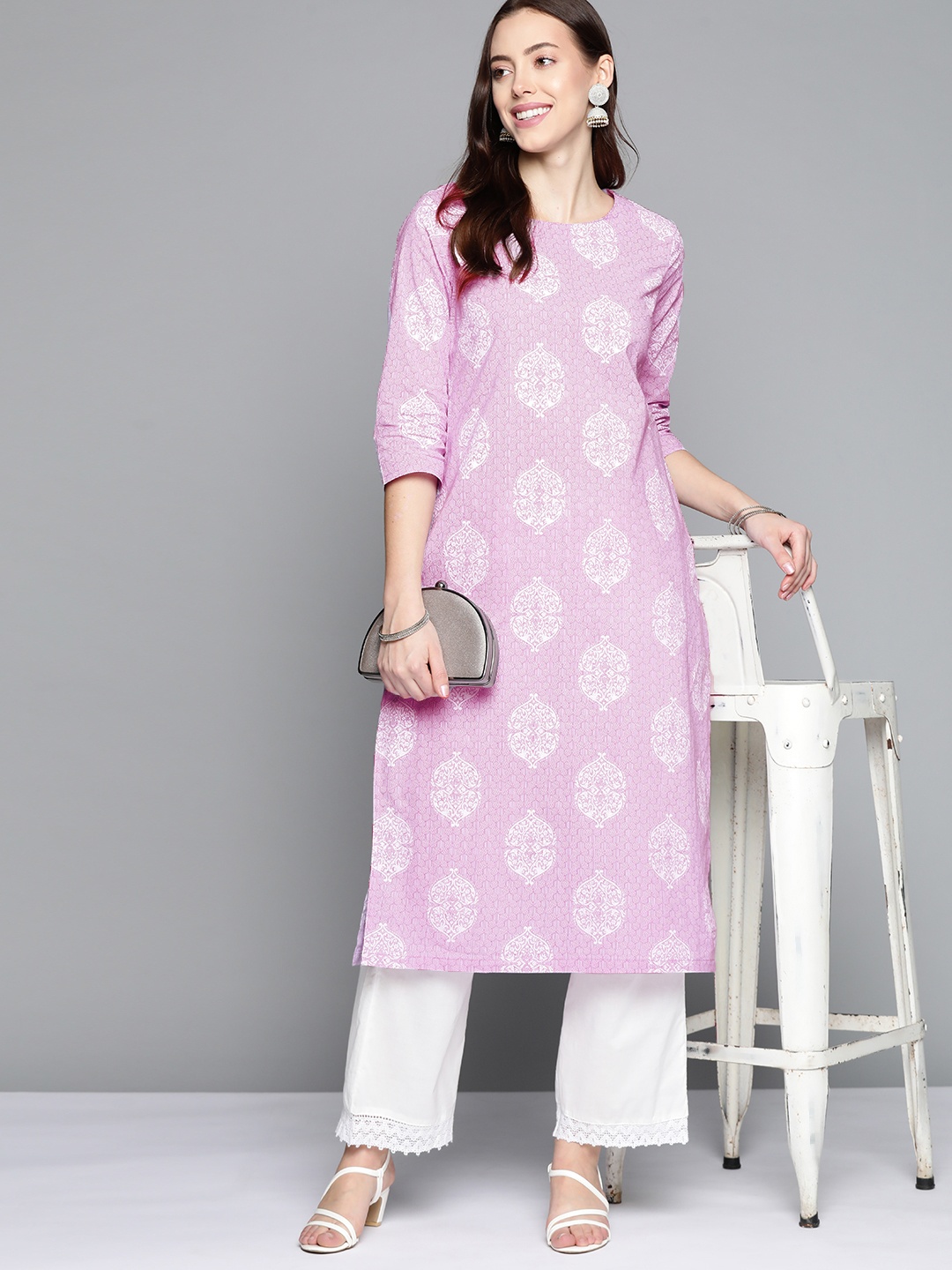 

HERE&NOW Women Lavender & White Ethnic Motifs Printed Cotton Kurta