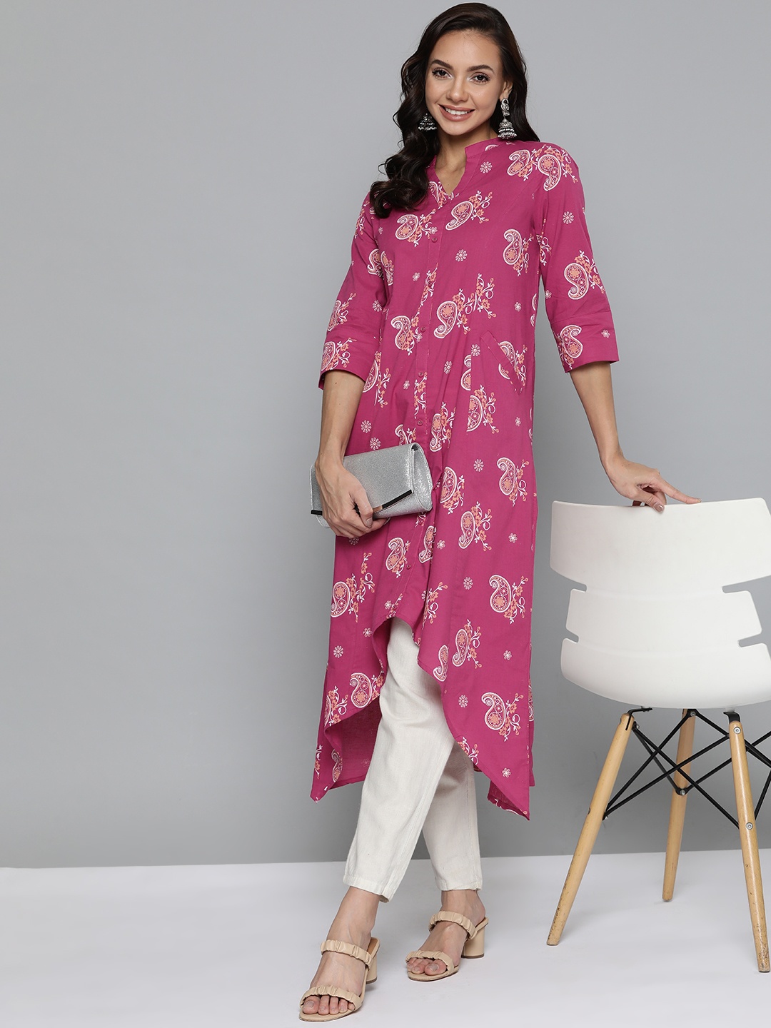 

HERE&NOW Women Fuchsia Pink & White Paisley Printed Pure Cotton Kurta