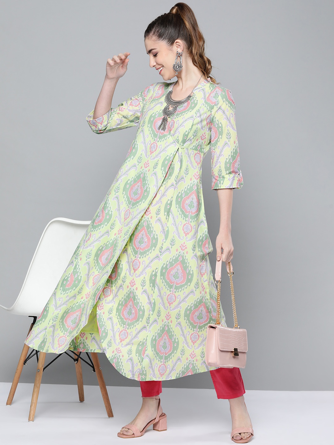 

HERE&NOW Women Green & Yellow Pure Cotton Floral Printed Kurta