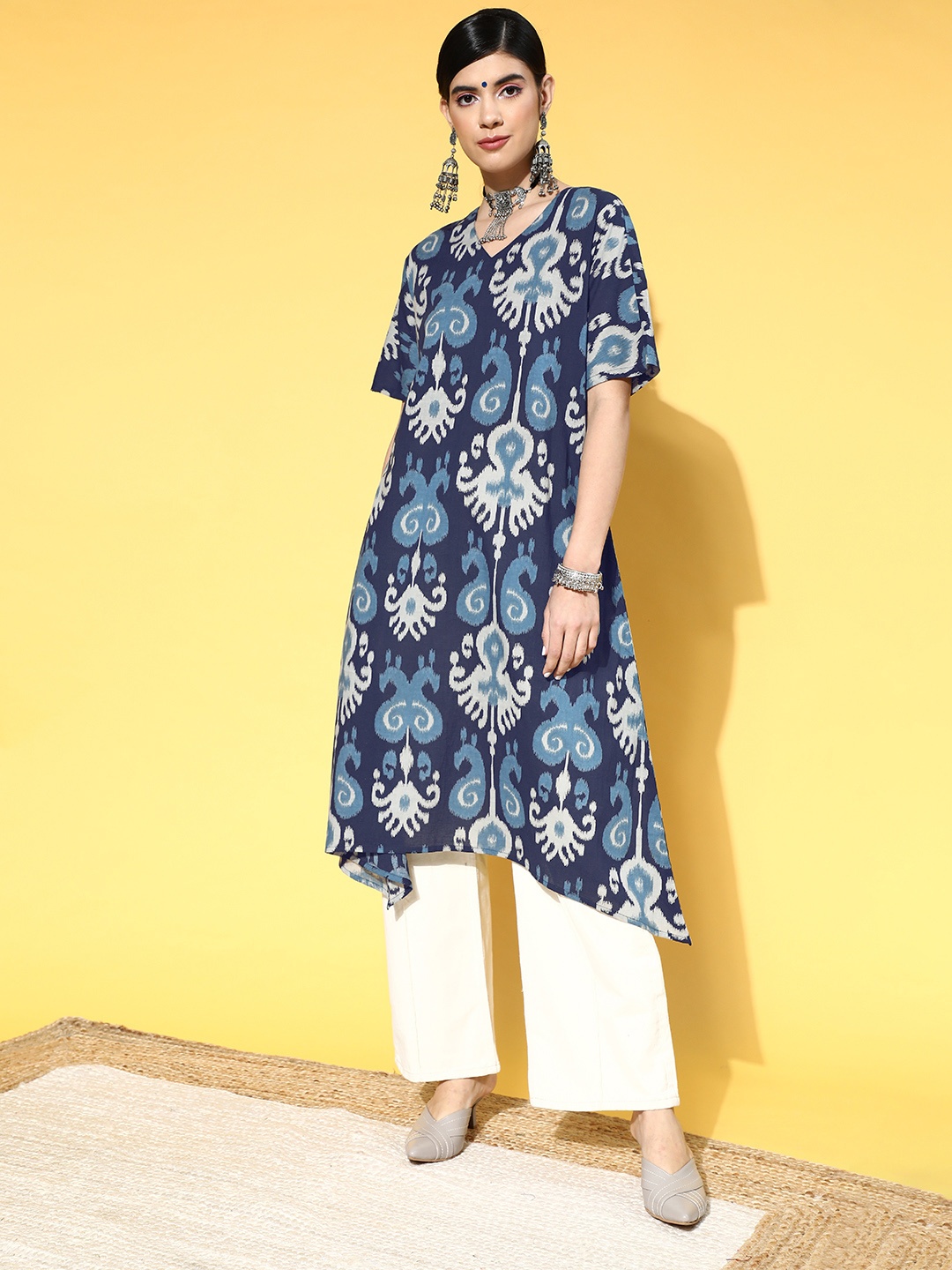 

HERE&NOW Deep Navy Blue Cotton Asymmetric Hemline Kurta