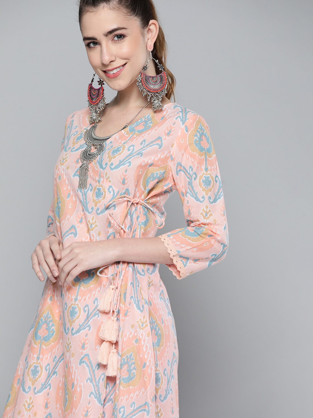 

HERE&NOW Women Peach-Coloured & Blue Ethnic Motifs Printed Pure Cotton Kurta