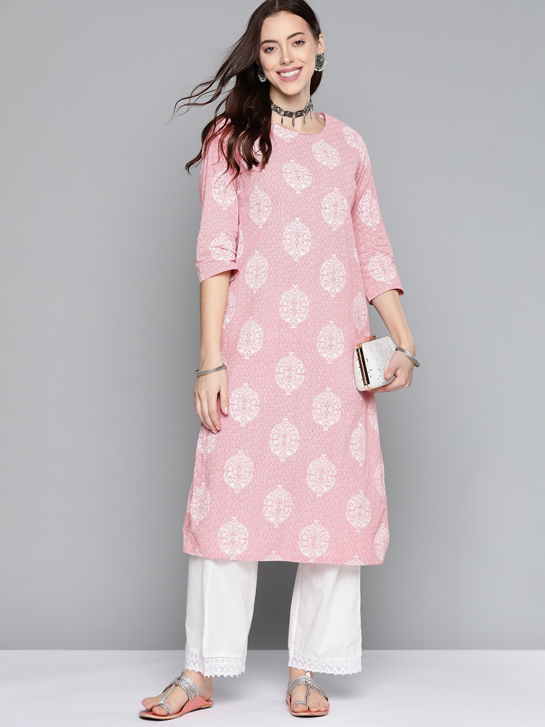

HERE&NOW Women Pink & White Ethnic Printed Cotton Kurta