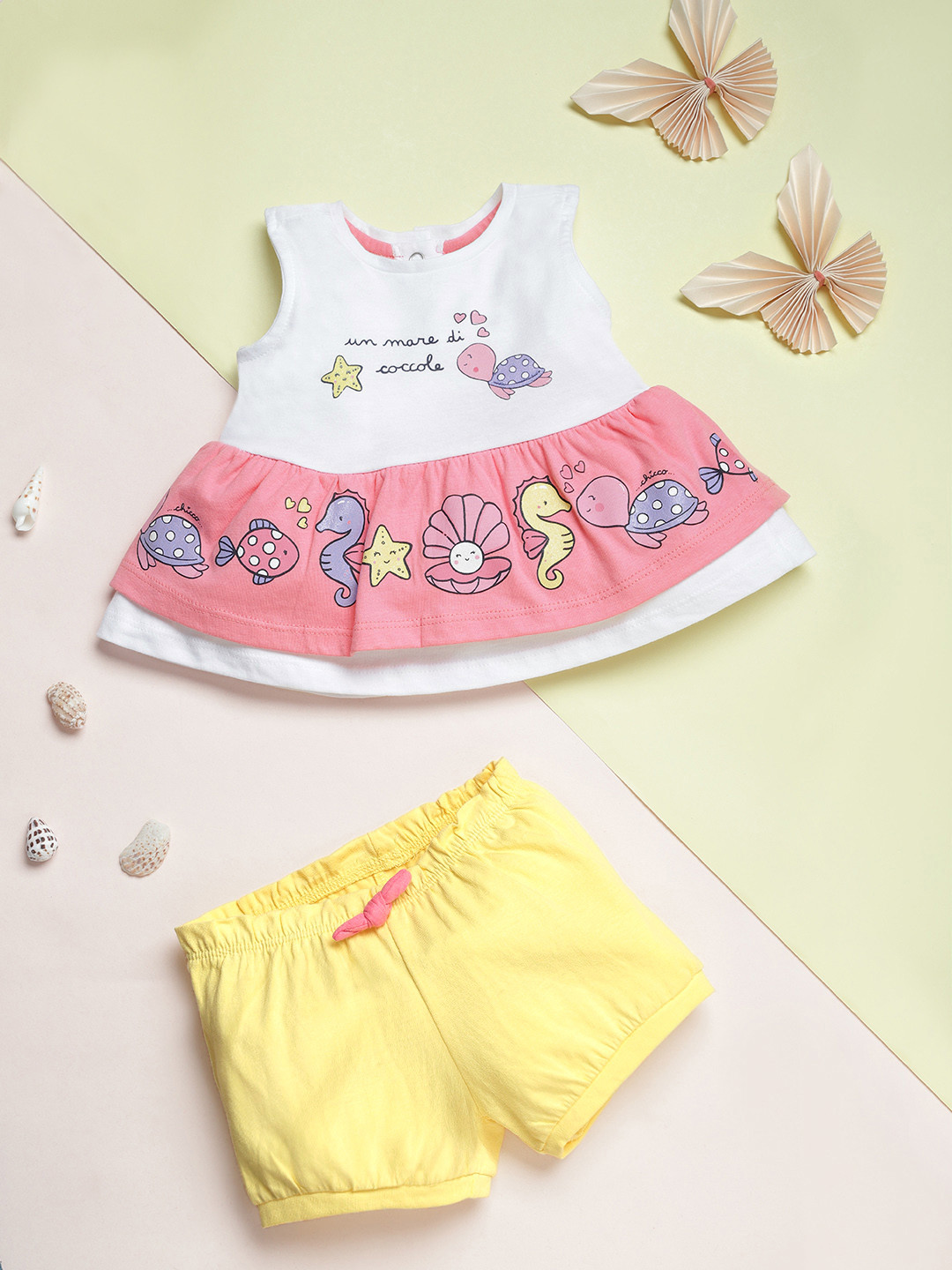 

Chicco Infant Girls White & Yellow Pure Cotton Printed Top with Shorts