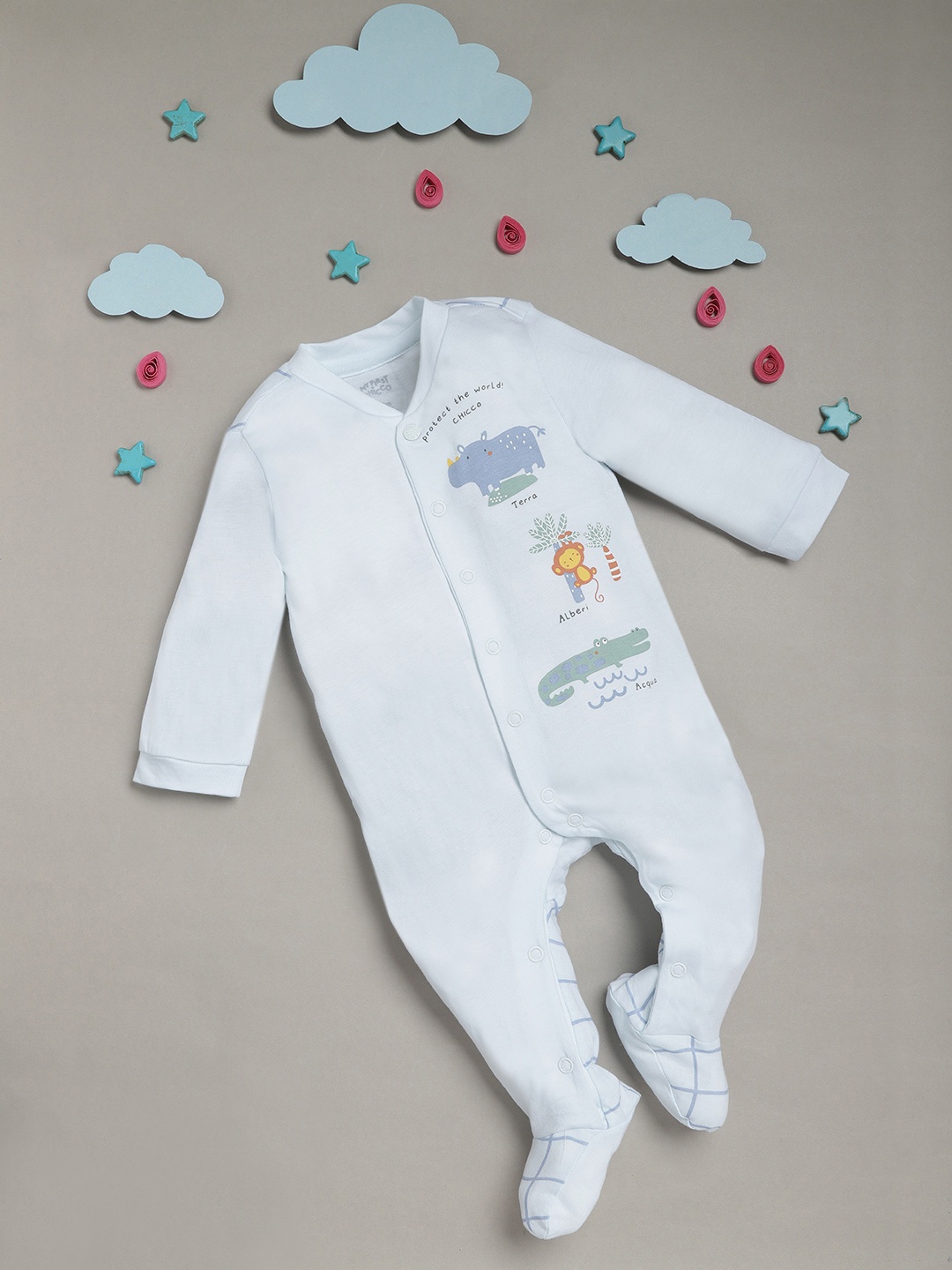 

Chicco Infant Boys Blue & Green Printed Pure Cotton Sleepsuit