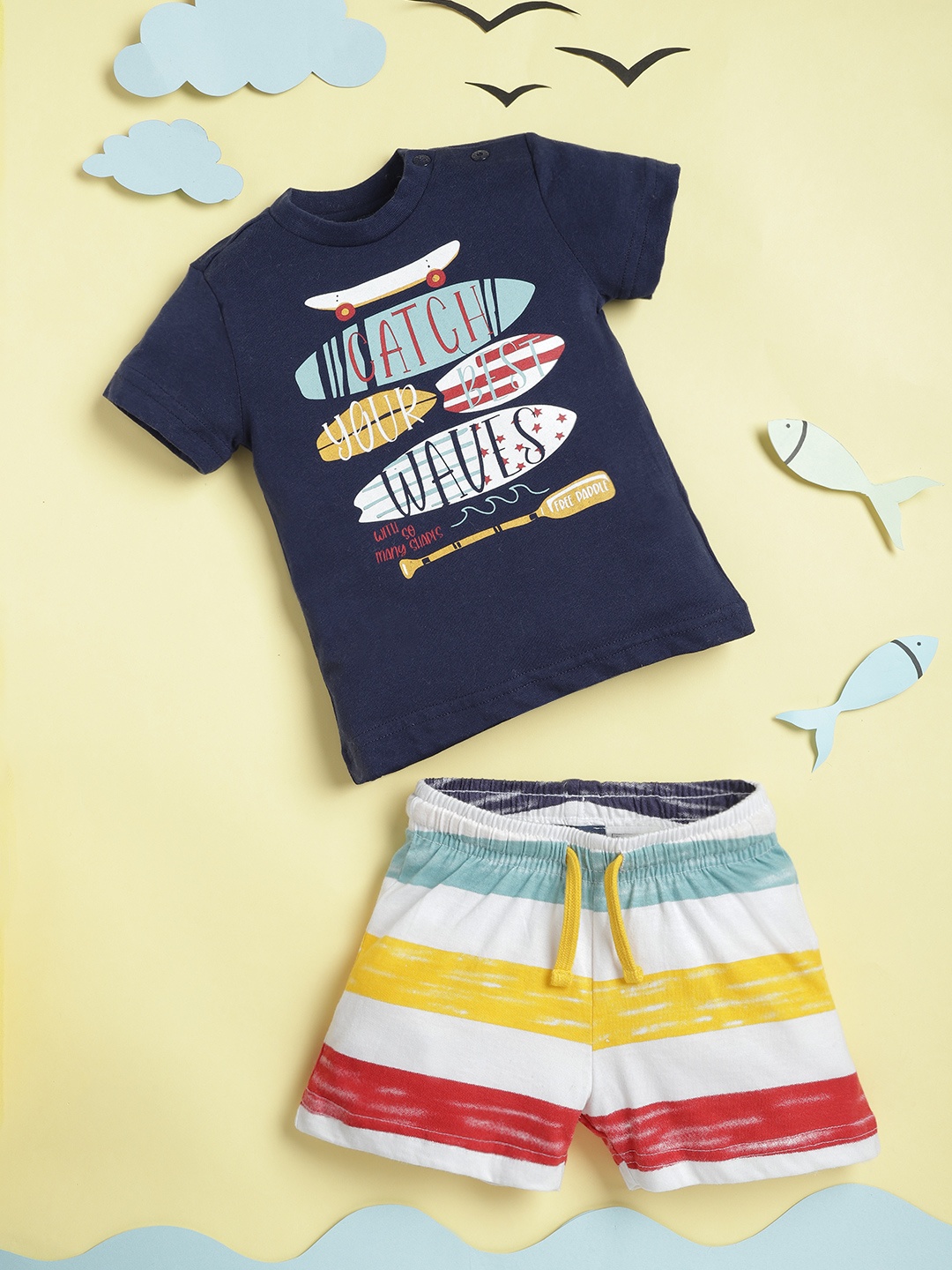 

Chicco Infant Boys Navy Blue & White Pure Cotton Printed T-shirt with Striped Shorts