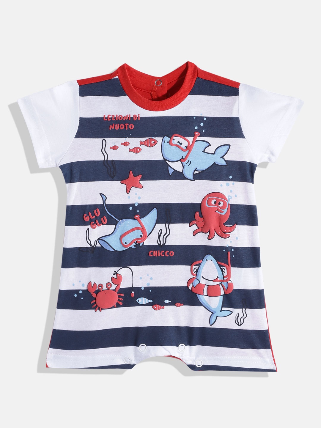 

Chicco Infant Boys White & Blue Striped & Graphic Print Cotton Rompers