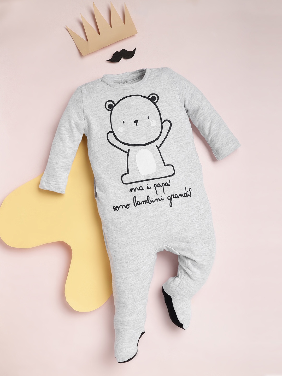 

Chicco Infants Grey Melange & Black Printed Pure Cotton Sleepsuit