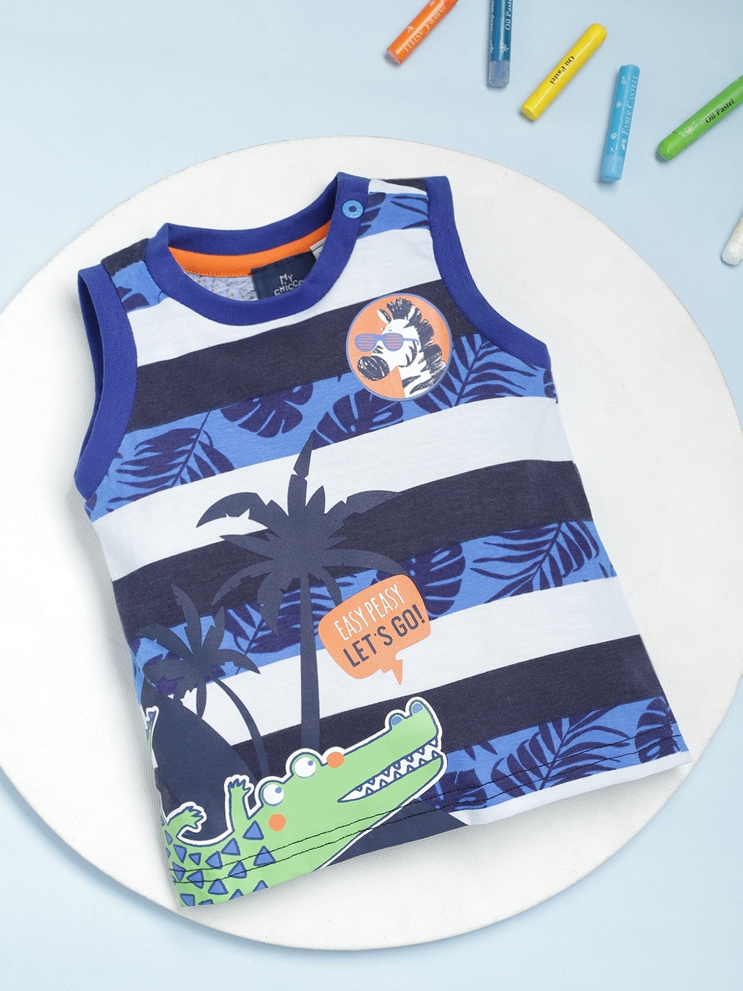 

Chicco Boys Navy Blue & White Striped & Tropical Printed Pure Cotton Sleeveless T-shirt