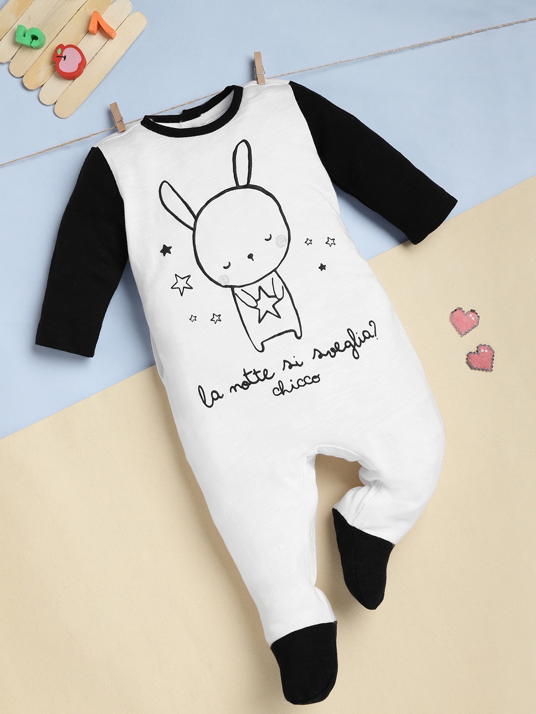 

Chicco Infants White & Black Printed Pure Cotton Sleepsuit