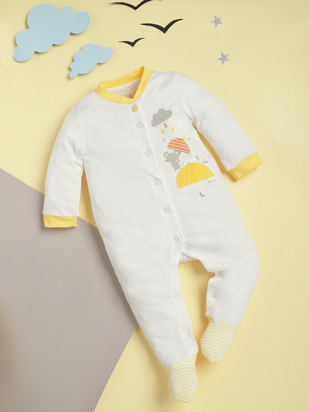 

Chicco Infant Kids White & Yellow Printed Pure Cotton Sleepsuit