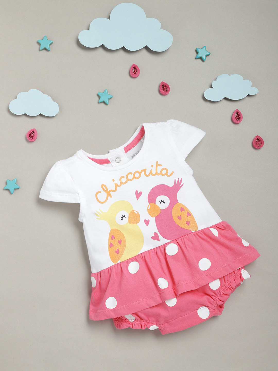 

Chicco Infant Girls White & Pink Printed Pure Cotton Frock Style Bodysuit